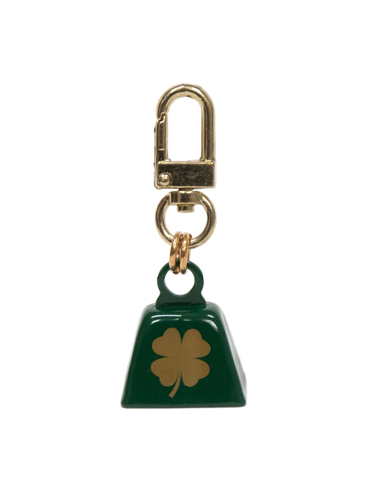 Green bell keychain with a gold four-leaf clover design